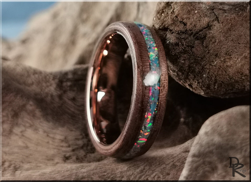 DR Rings wood ring with opal inlay featuring a polished wooden band and colorful opal accents