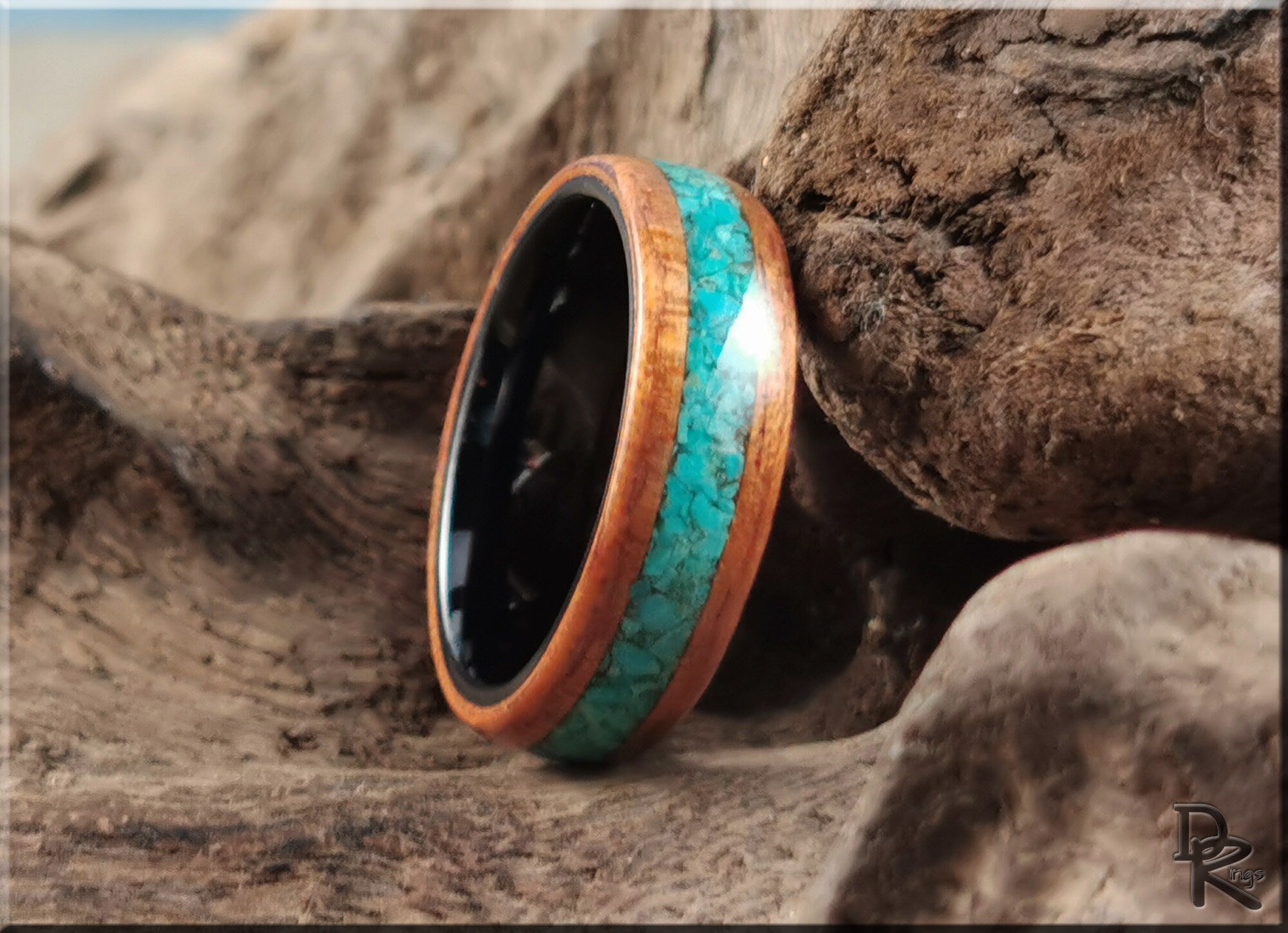 Wood ring with stone inlay featuring turquoise center and natural wood edges by DR Rings