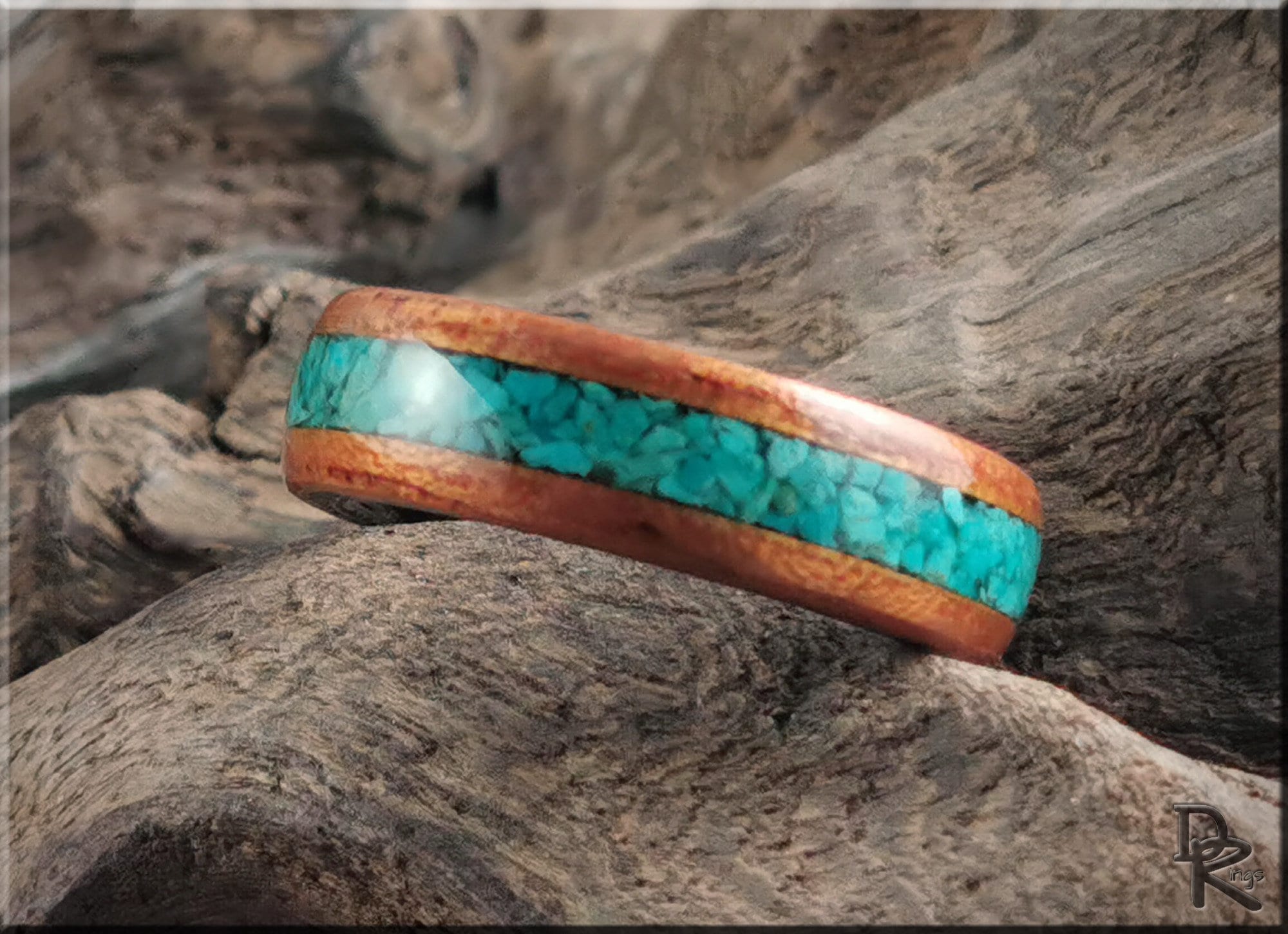 DR Rings wood ring with stone inlay featuring turquoise blue stone set in natural wood band