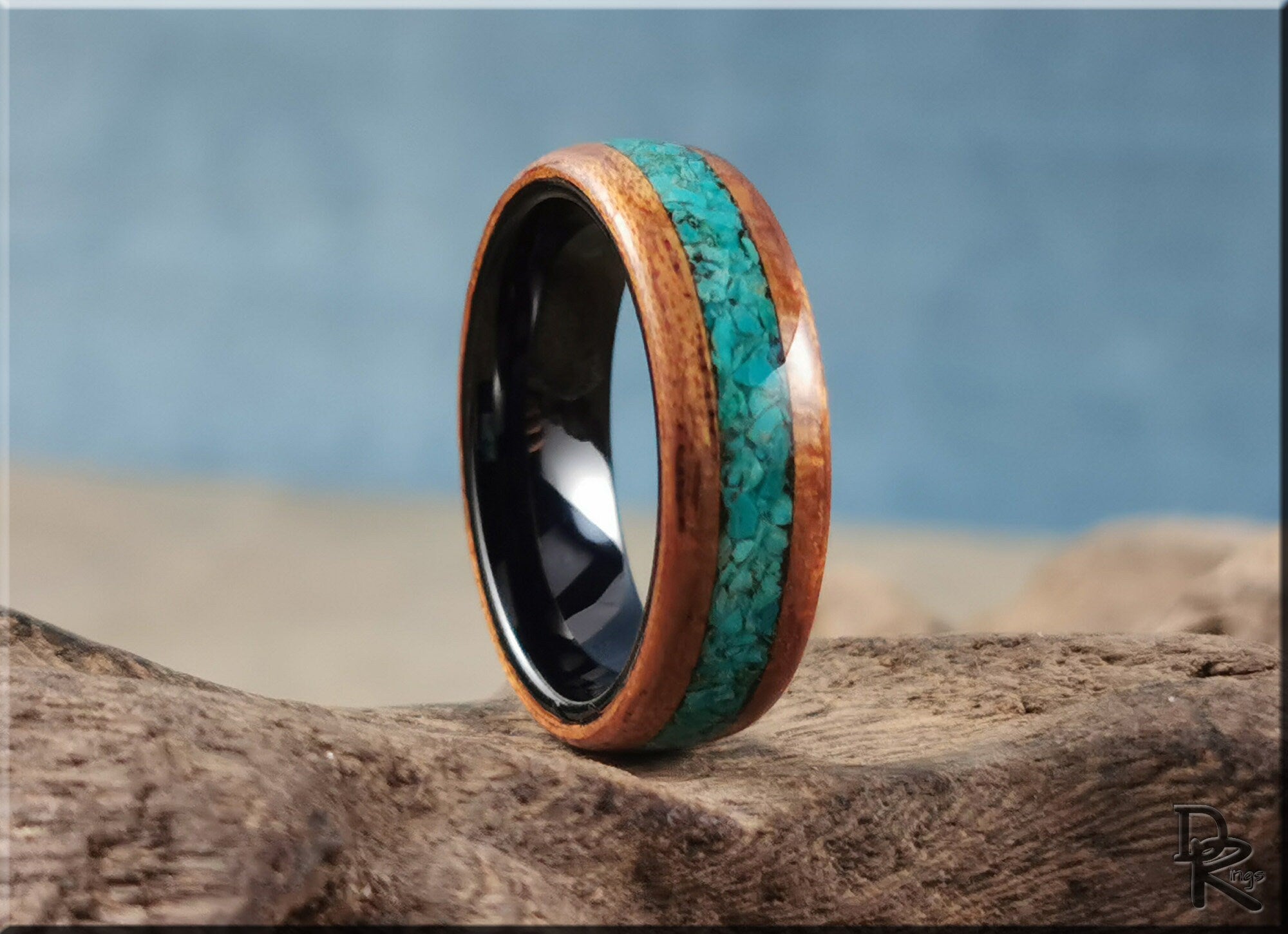 DR Rings wood ring with stone inlay featuring turquoise stones and polished wood band