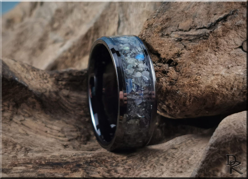 DR Rings black ceramic ring with inlay featuring a blue and gray textured design