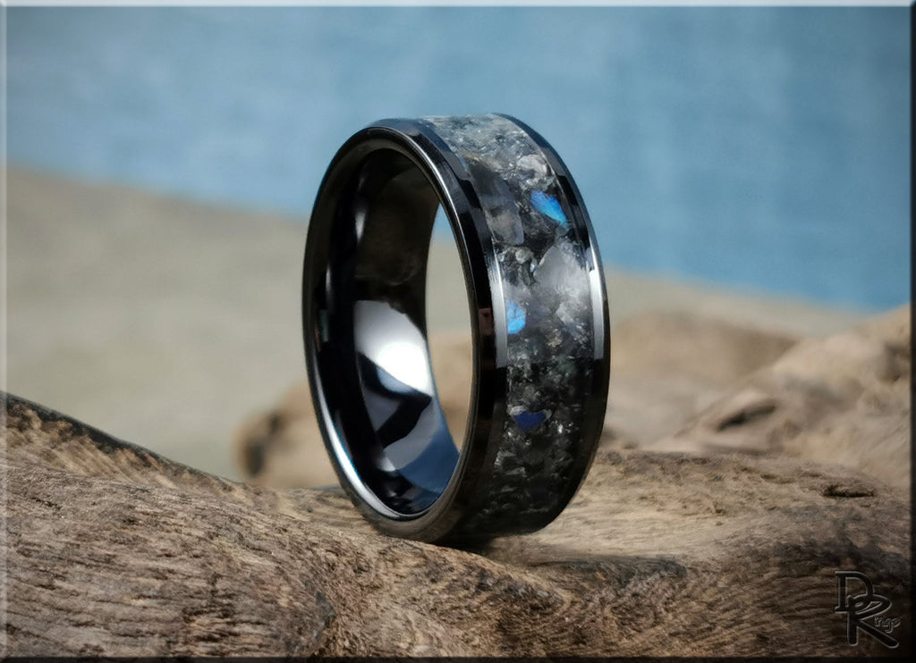 DR Rings black ceramic ring with inlay featuring a unique blue and gray stone design