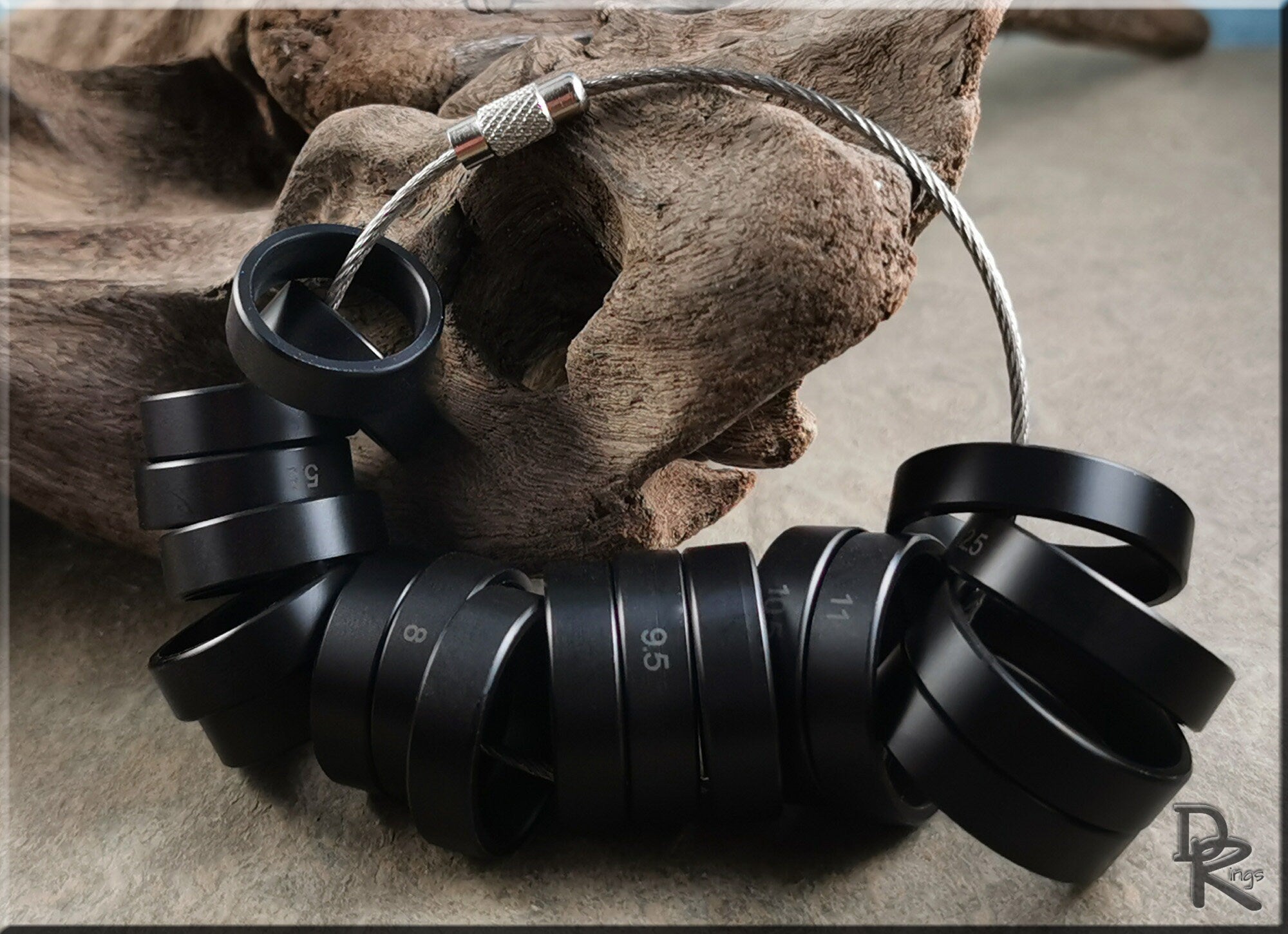 DR Rings black metal ring sizers with size markings on a flexible cable for accurate measurement