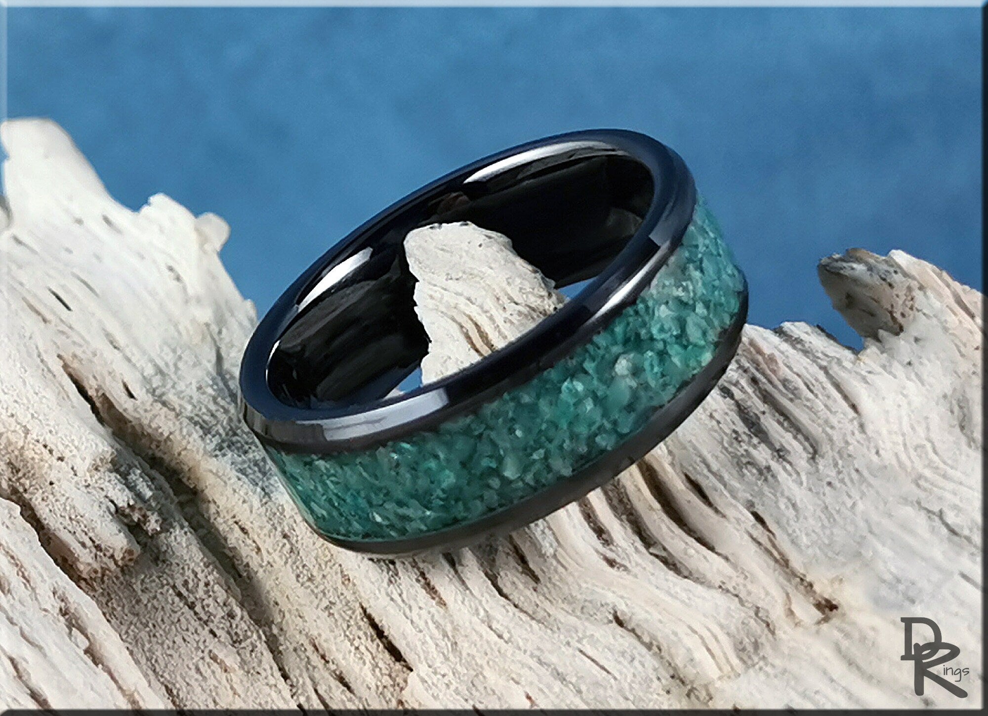 DR Rings ceramic ring with inlay featuring turquoise stone crushed in black band design