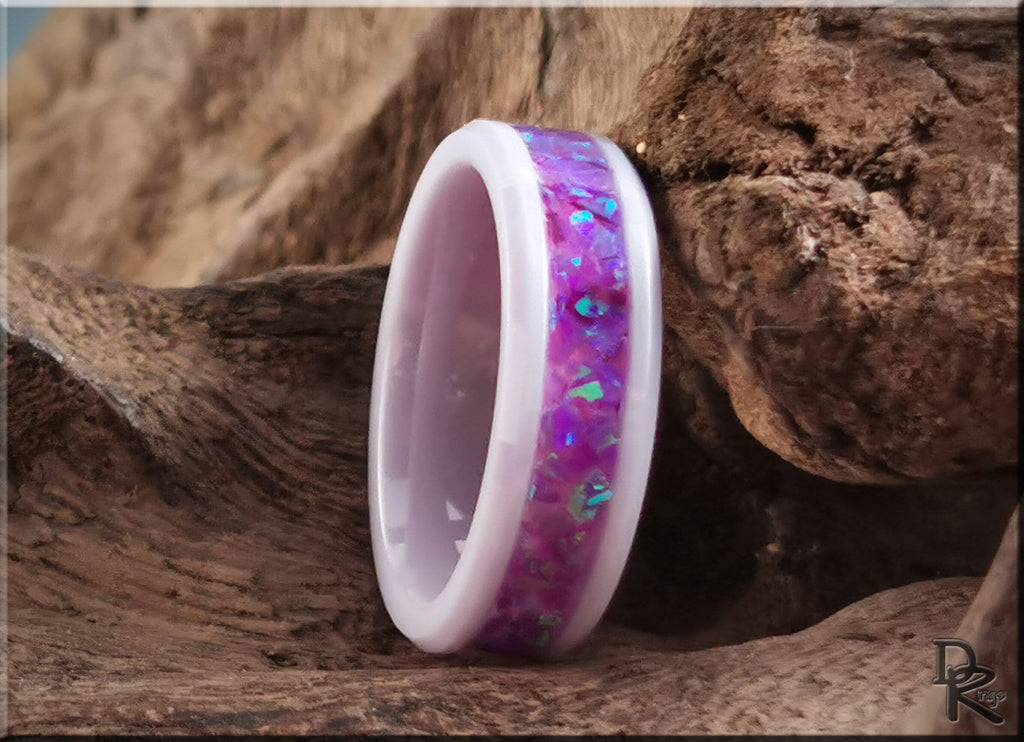 Ceramic ring with opal inlay featuring vibrant purple and blue colors by DR Rings