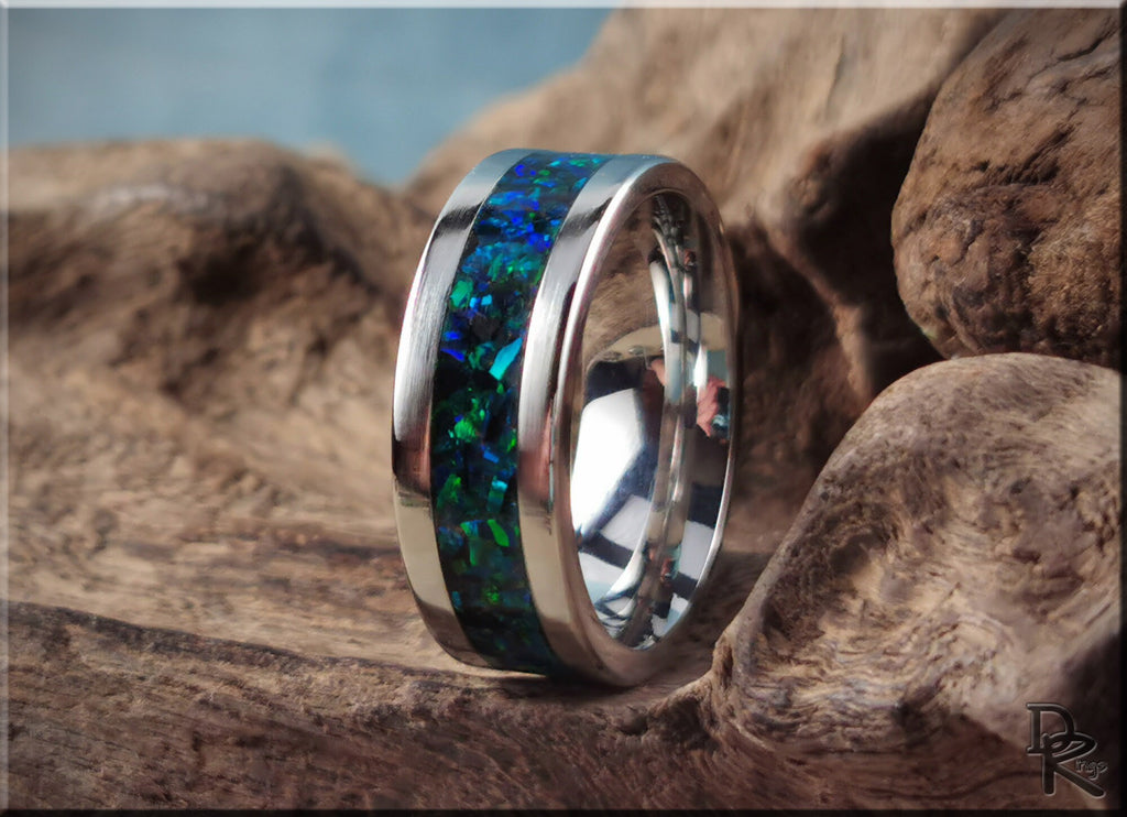 DR Rings cobalt chrome ring with opal featuring vibrant blue and green opal inlay on polished band