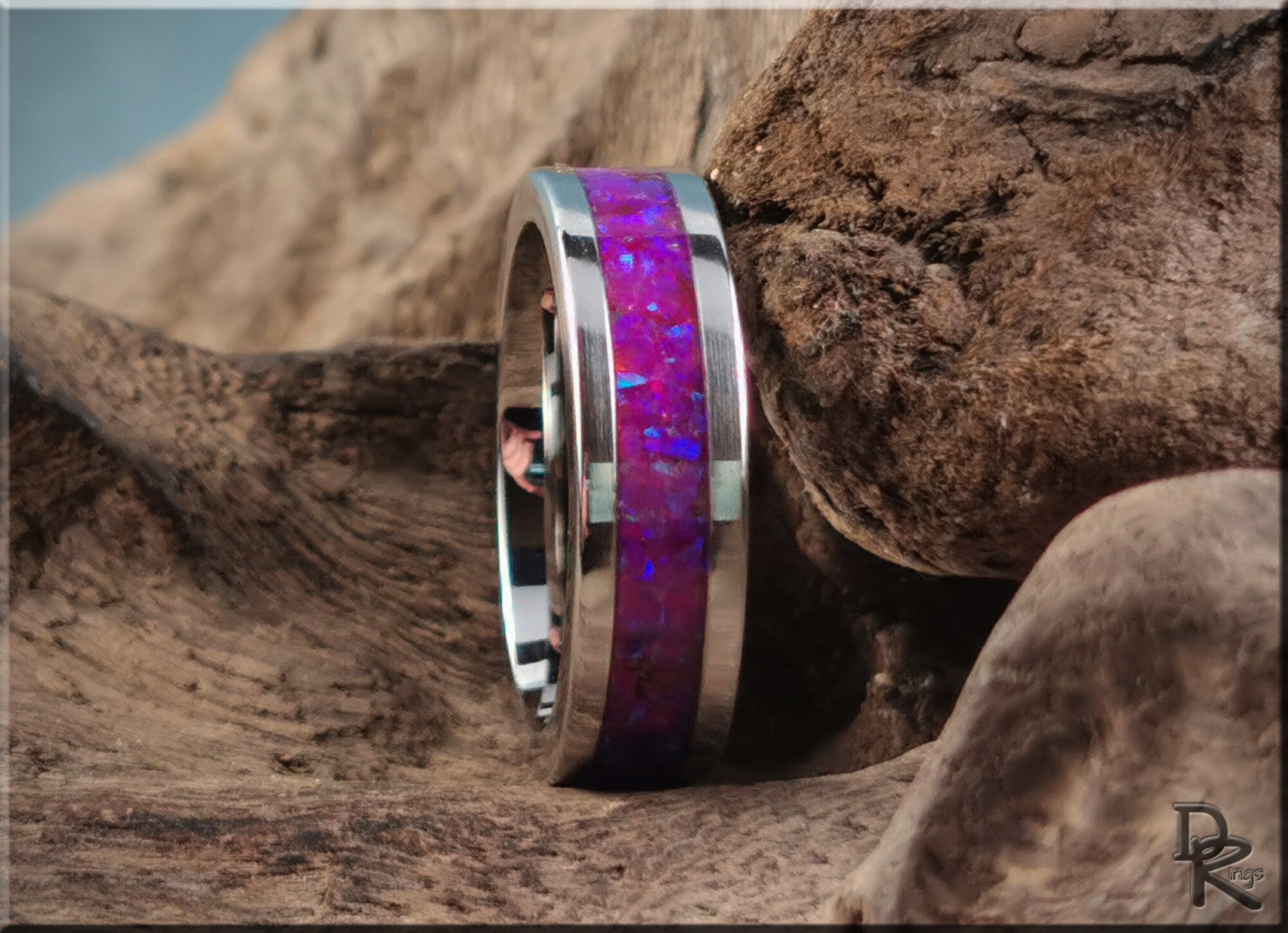 Cobalt chrome ring with opal inlay featuring vibrant purple and blue hues by DR Rings