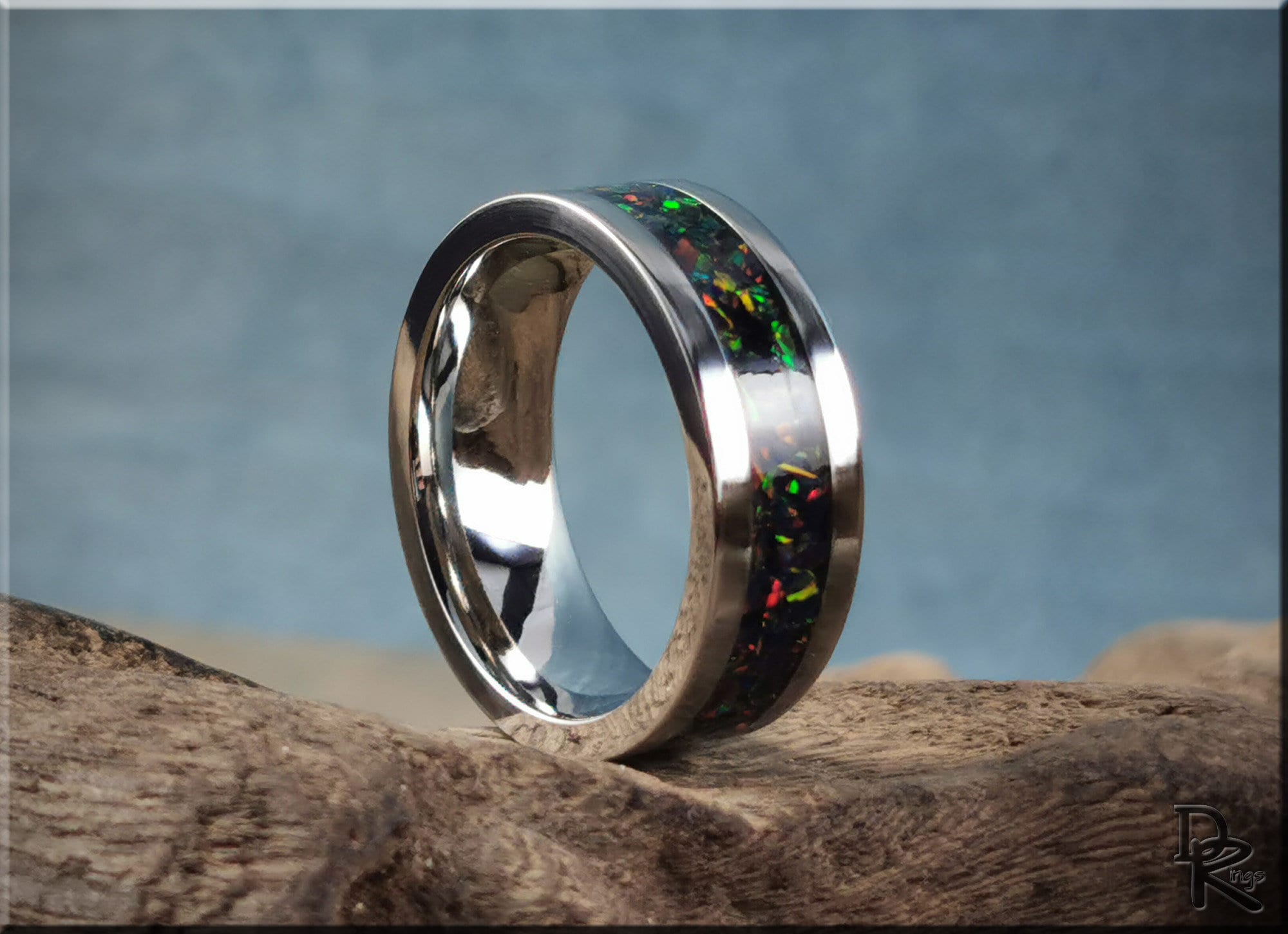 DR Rings cobalt chrome ring with opal inlay featuring vibrant multicolor opal set in polished cobalt chrome band