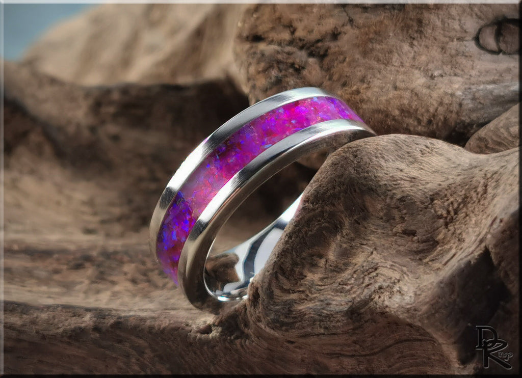 Cobalt chrome ring with opal inlay featuring vibrant purple and pink colors by DR Rings