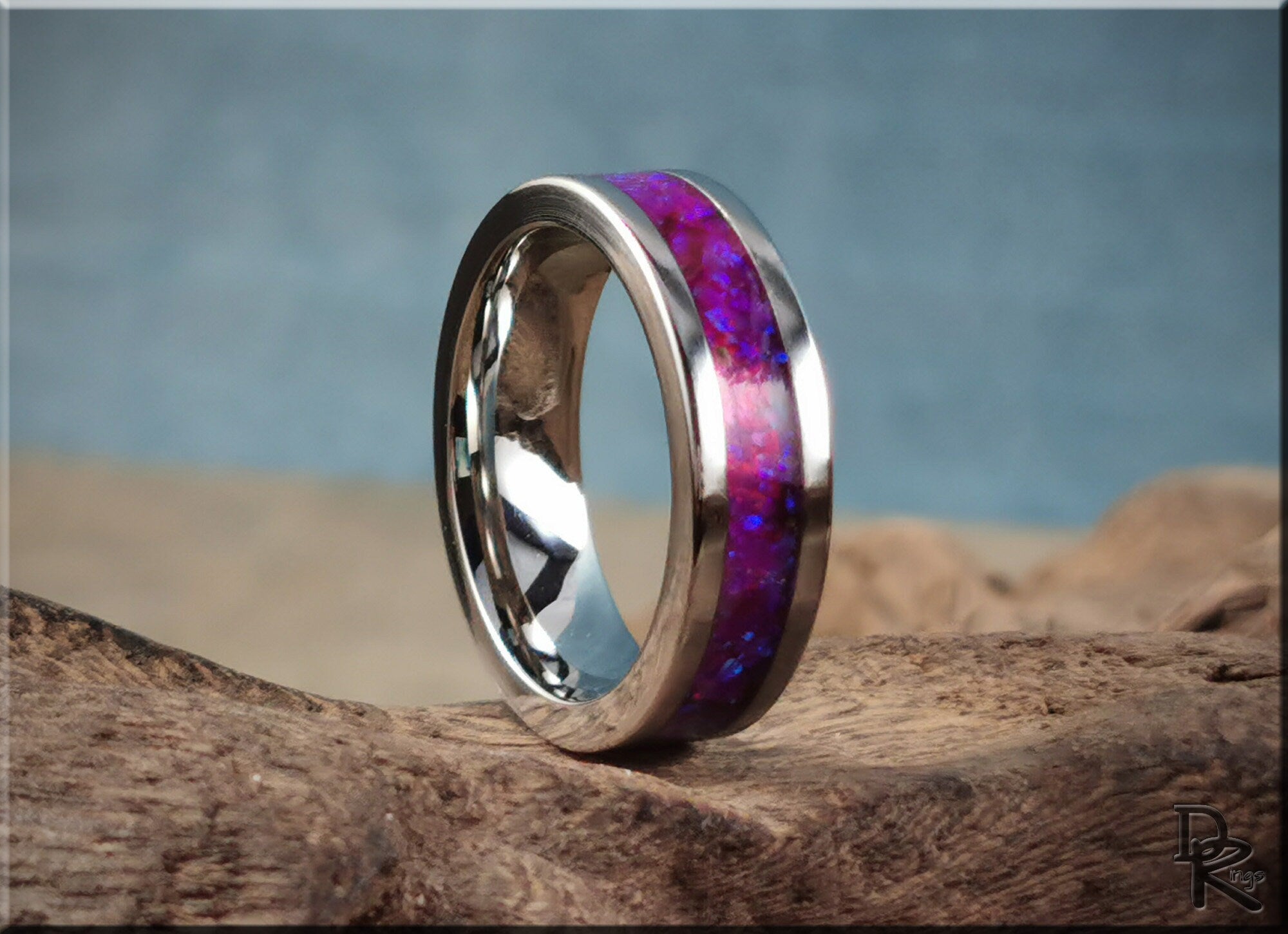 DR Rings cobalt chrome ring with opal featuring vibrant purple and blue inlay on polished metal