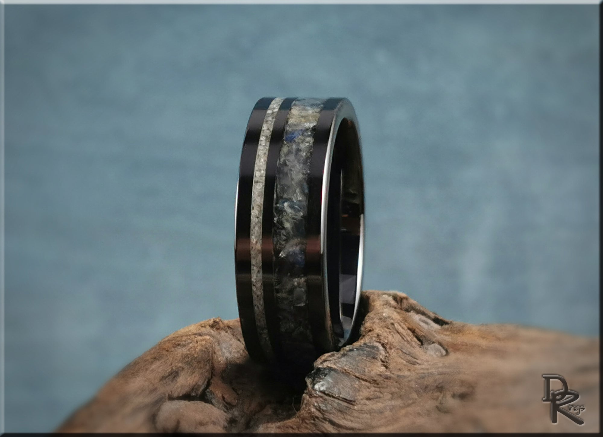 Black ceramic ring with dual inlays featuring a sleek modern design by DR Rings