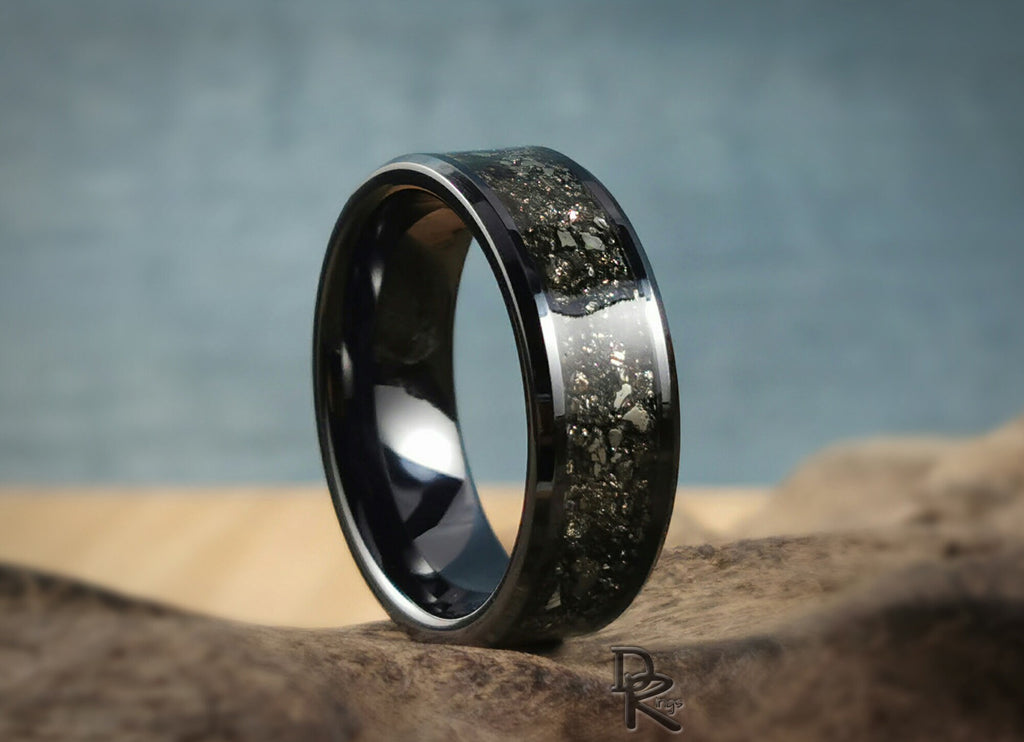 DR Rings ceramic ring with pyrite featuring a polished black band and embedded pyrite stones