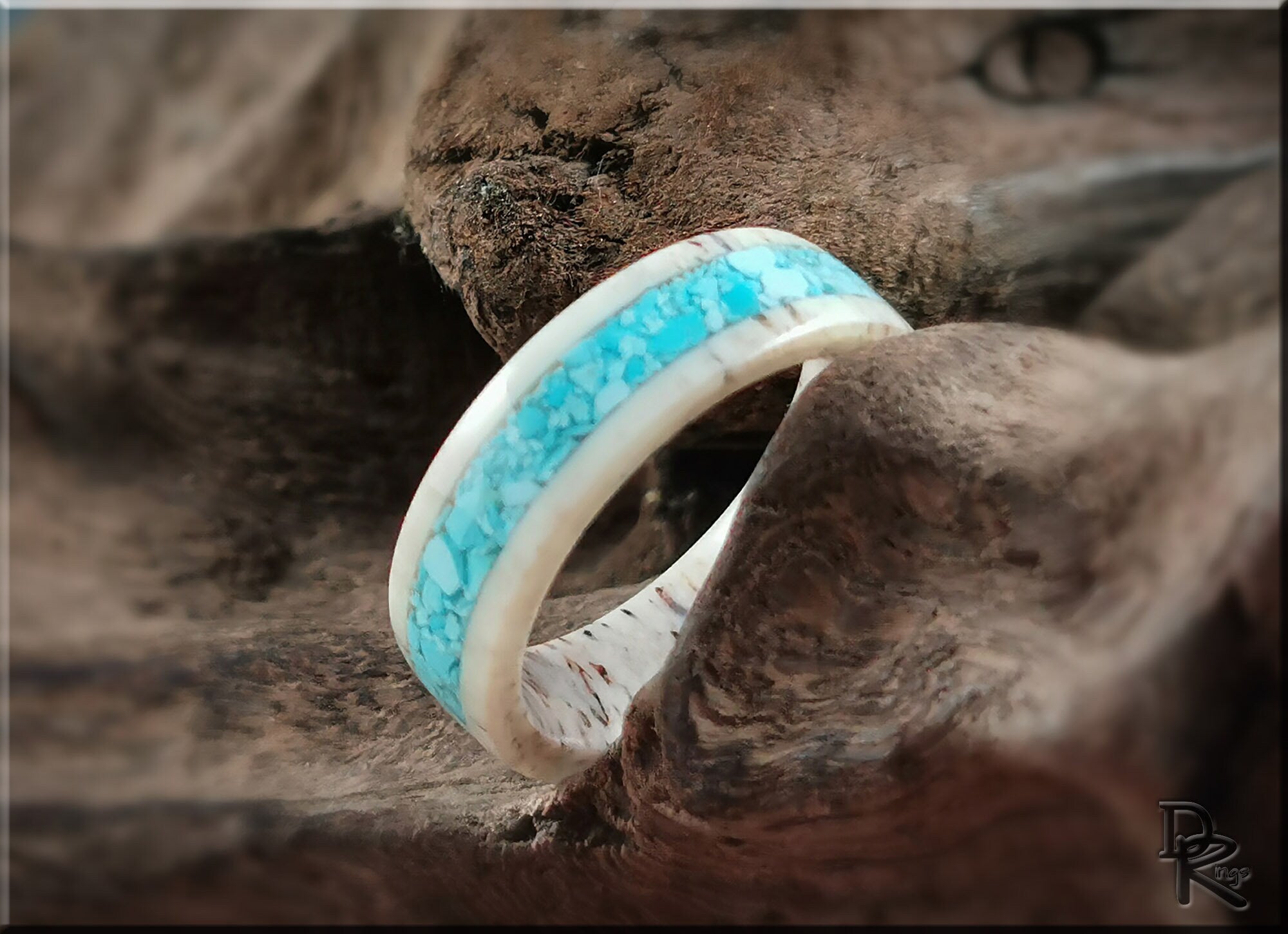 DR Rings deer antler ring with turquoise inlay featuring natural blue stone and white antler accents
