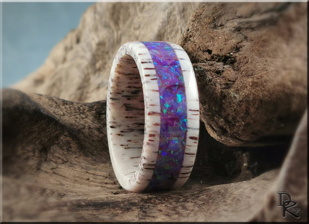 DR Rings deer antler ring with opal inlay featuring a vibrant purple opal center and natural antler texture