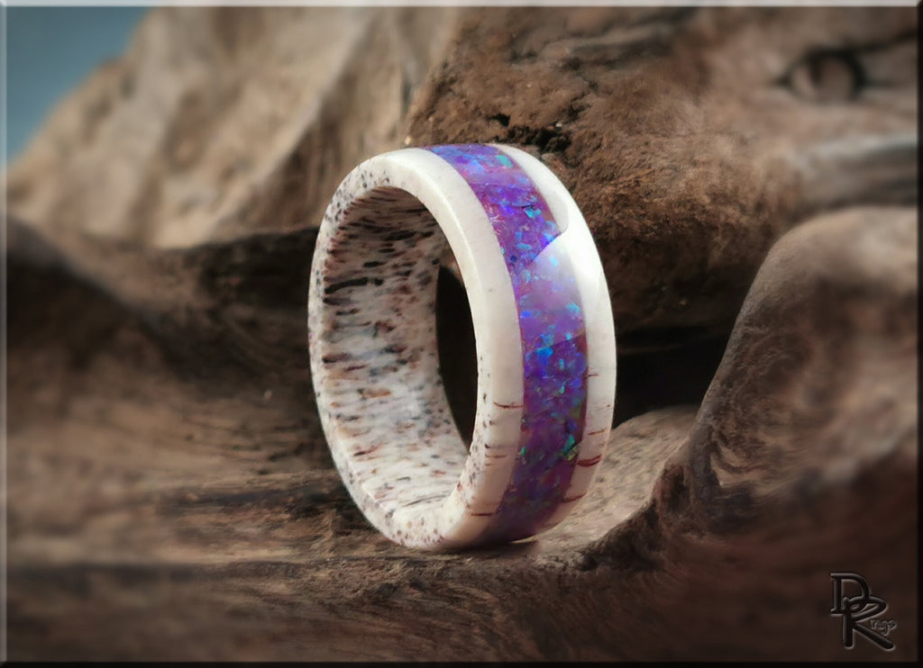 Deer antler ring with opal inlay by DR Rings featuring a bright purple opal center and natural antler texture
