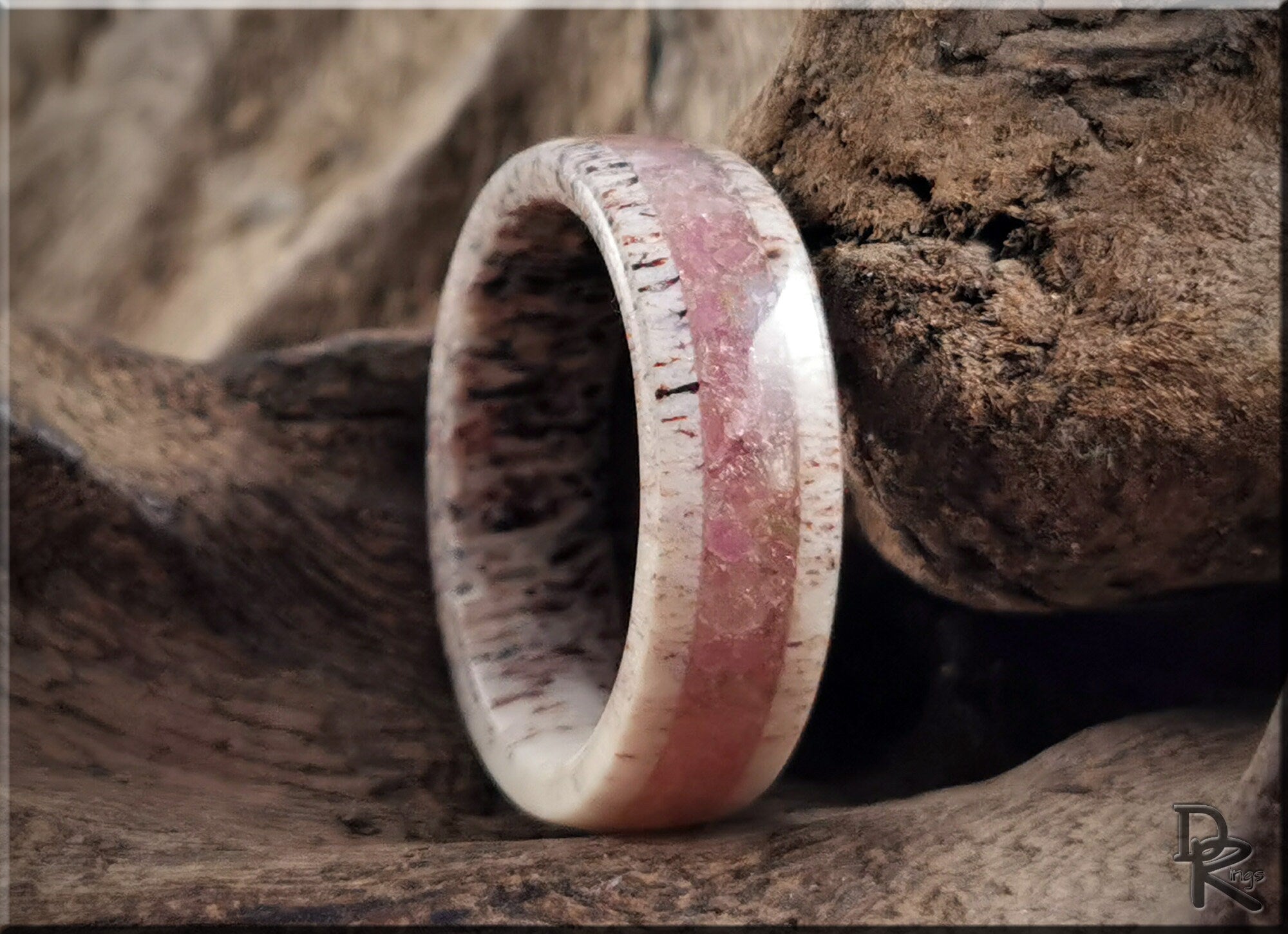DR Rings deer antler ring with tourmaline featuring natural wood texture and pink gemstone inlay
