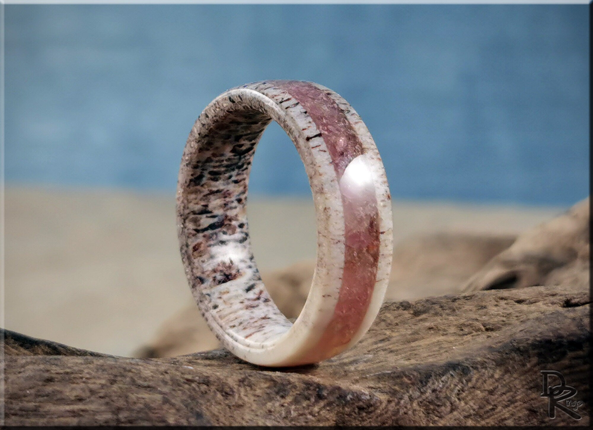 DR Rings deer antler ring with tourmaline featuring natural wood grain and pink gemstone inlay