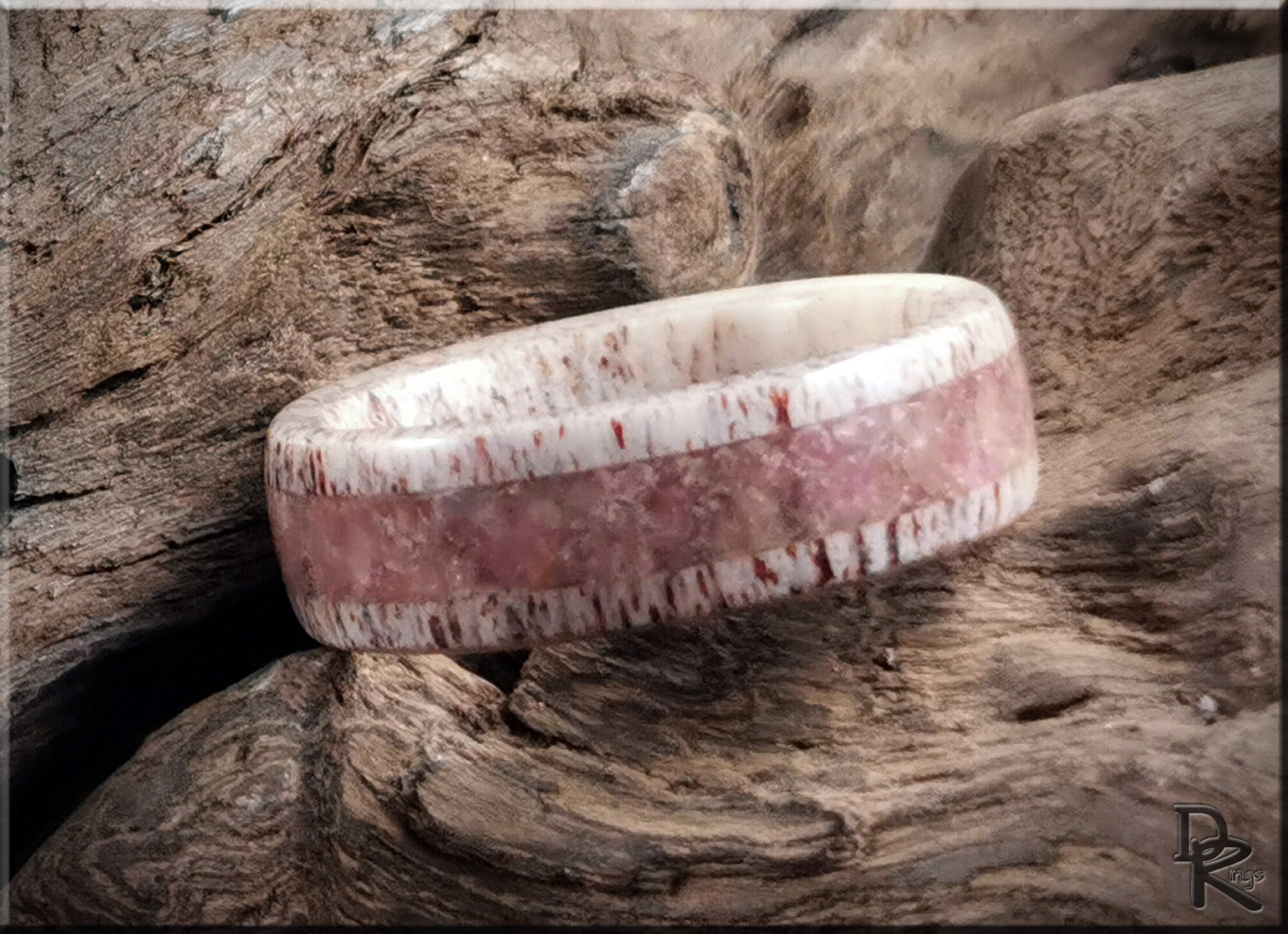 Deer antler ring with tourmaline featuring natural earthy colors and polished finish by DR Rings