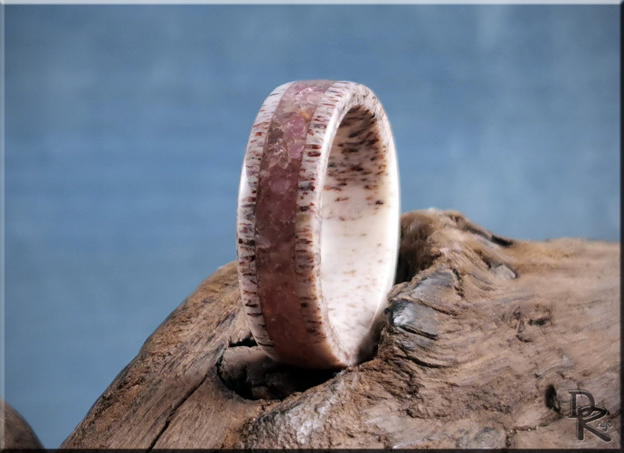 DR Rings deer antler ring with tourmaline featuring natural wood grain and purple gemstone inlay