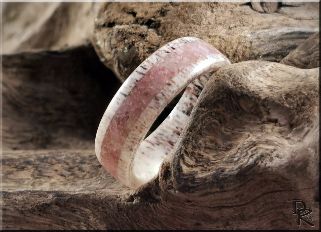 DR Rings deer antler ring with tourmaline featuring natural wood texture and pink stone inlay