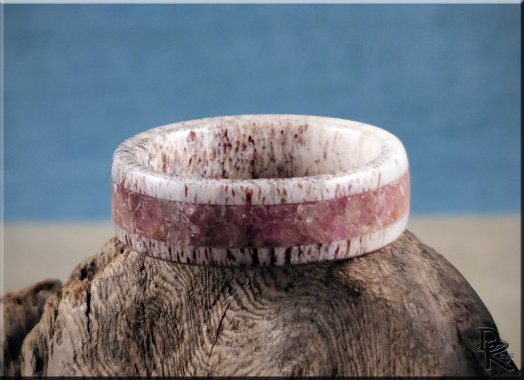Deer antler ring with tourmaline featuring natural texture and pink gemstone inlay by DR Rings