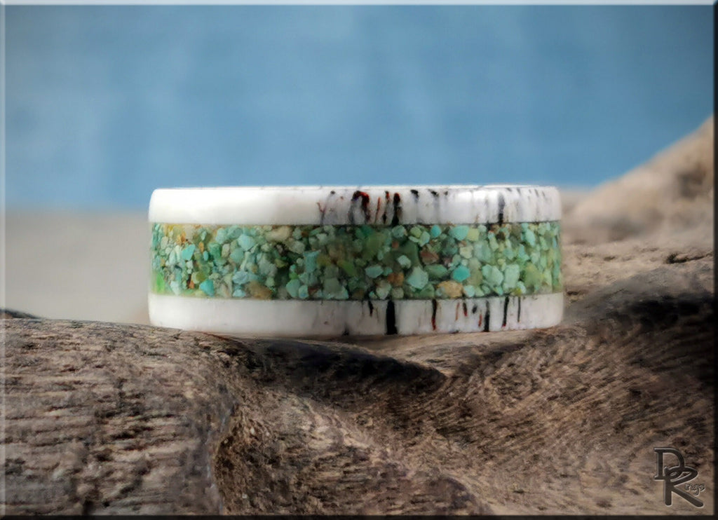 DR Rings deer antler ring with turquoise inlay featuring natural white and green stone design