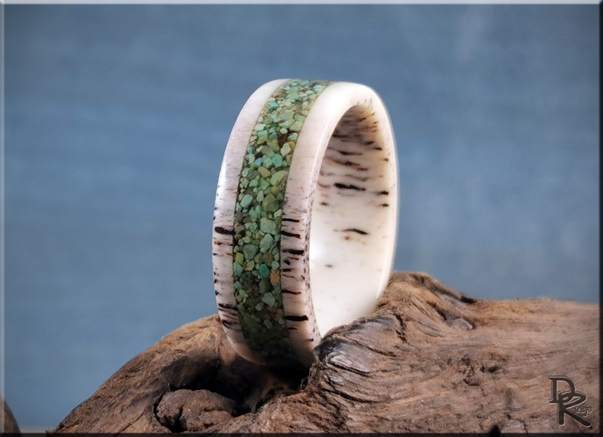 DR Rings deer antler ring with turquoise inlay showcasing natural bone texture and green stone center