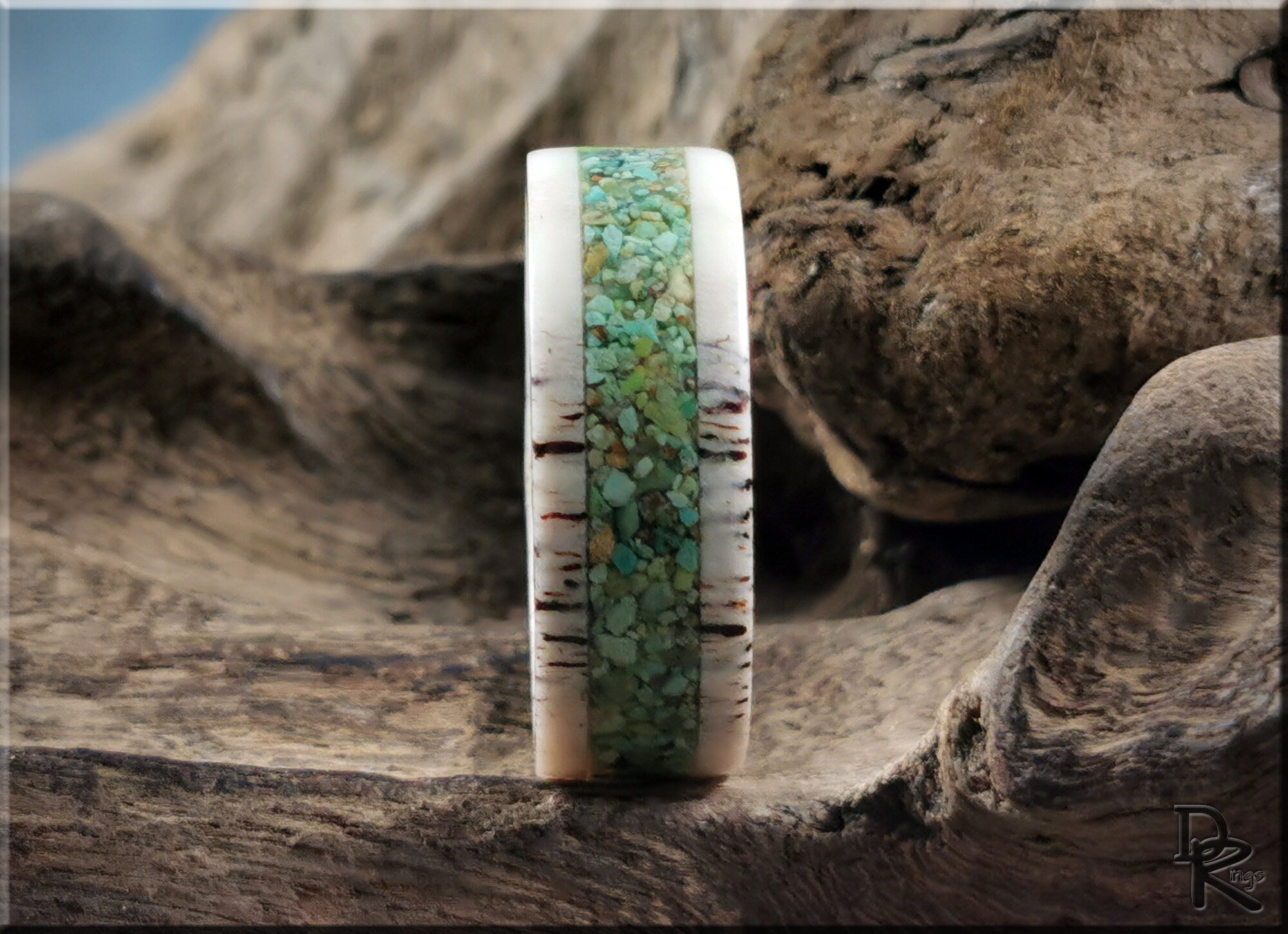 DR Rings deer antler ring with turquoise inlay showcasing natural white antler and green turquoise stones