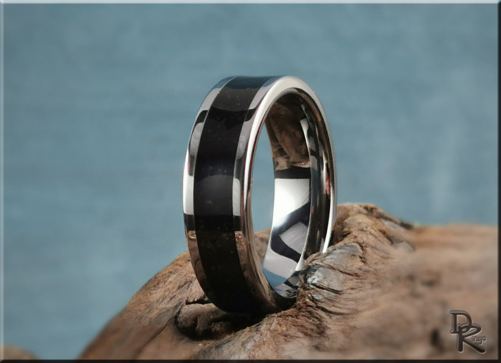 DR Rings tungsten ring with shungite featuring a polished silver edge and dark stone inlay