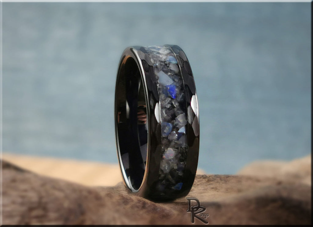 Hammered ceramic ring with inlay featuring blue and gray stone accents by DR Rings