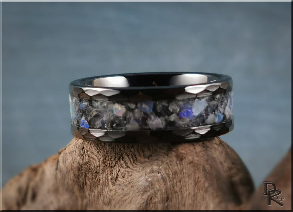 Hammered ceramic ring with inlay featuring black and iridescent stone design by DR Rings