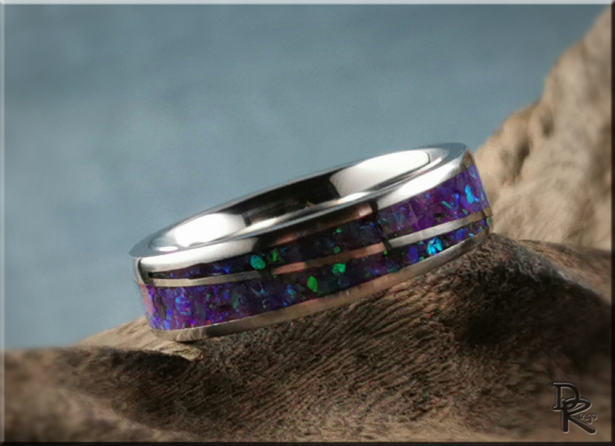 DR Rings titanium ring with opal featuring blue and green inlay on polished silver band