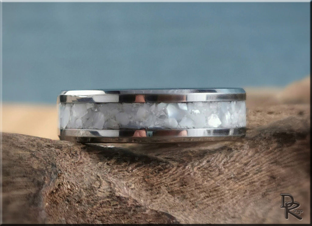 DR Rings tungsten ring with pearl inlay featuring a polished silver band and realistic pearl texture