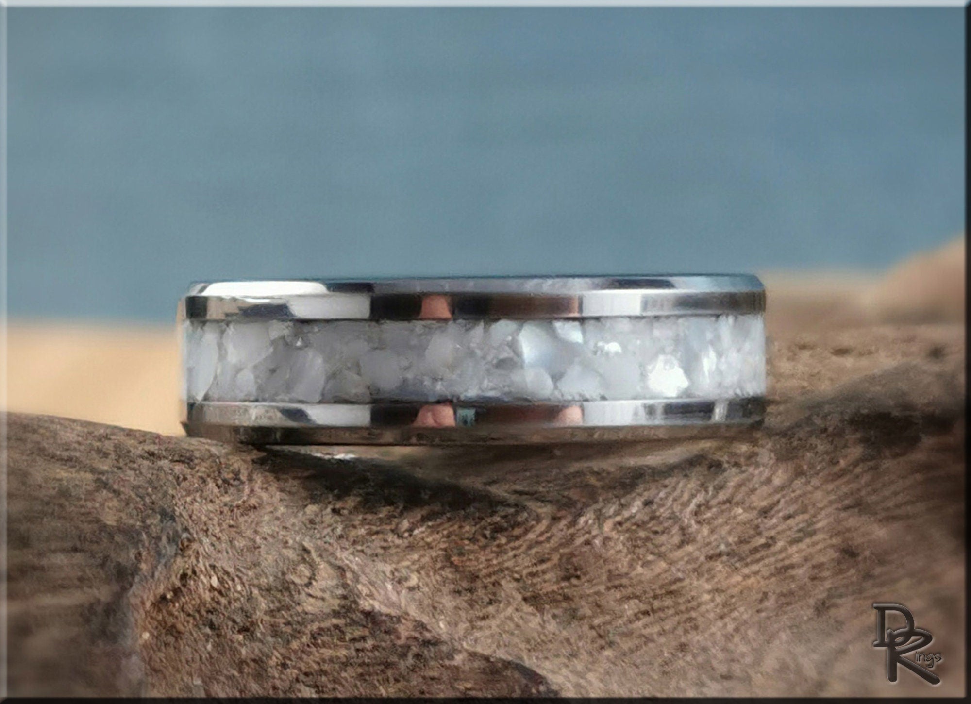 DR Rings tungsten ring with pearl inlay featuring a polished silver band and realistic pearl texture