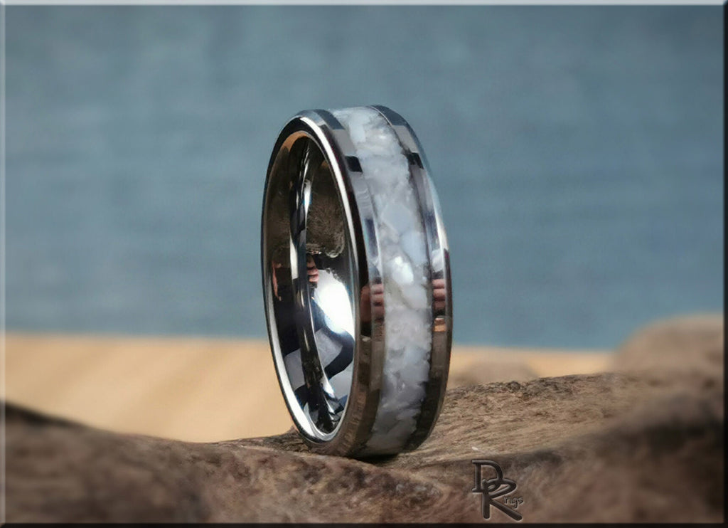 DR Rings tungsten ring with pearl inlay featuring polished silver edges on natural background