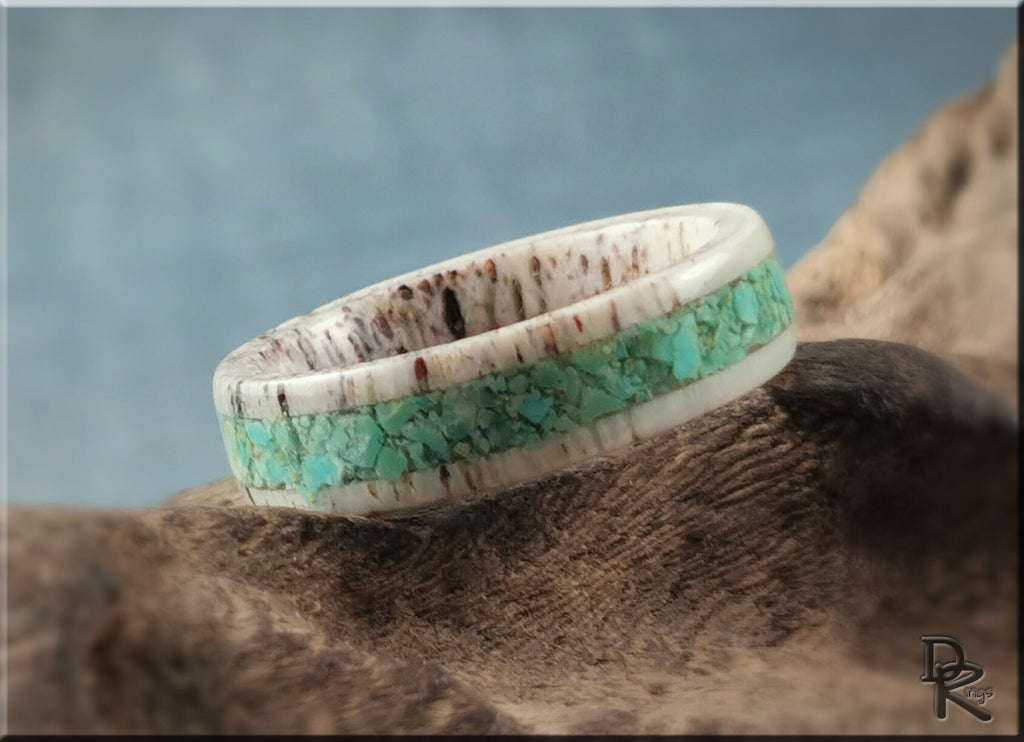 DR Rings antler ring with turquoise inlay showcasing natural textures and vibrant blue-green stones