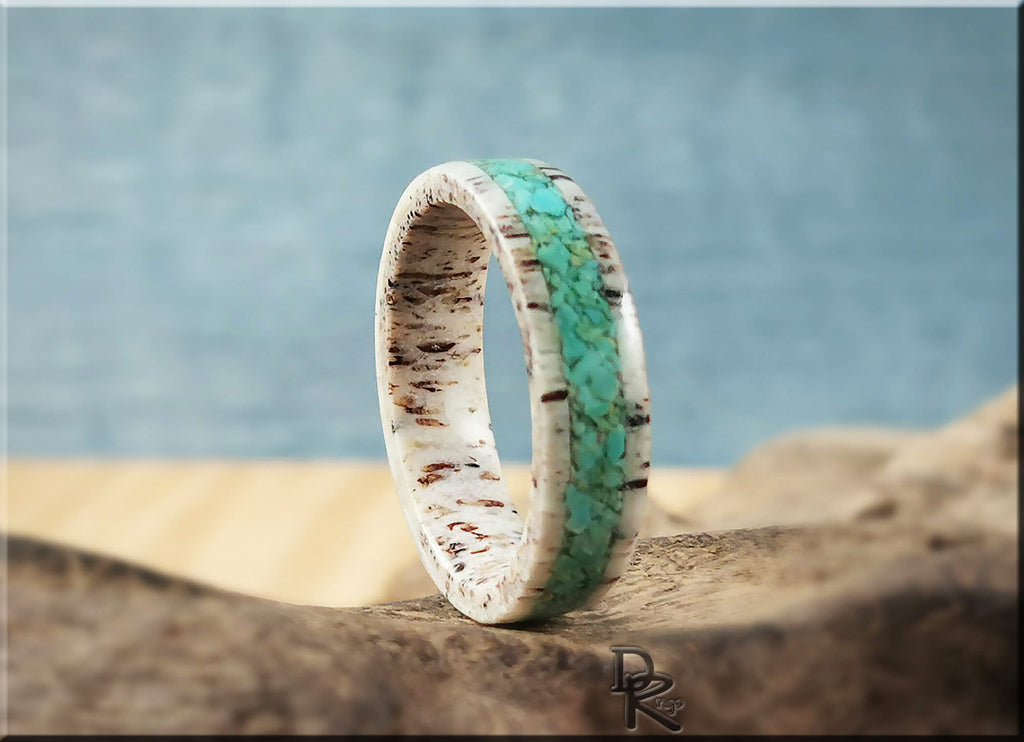 DR Rings antler ring with turquoise inlay featuring natural textures and blue stone band