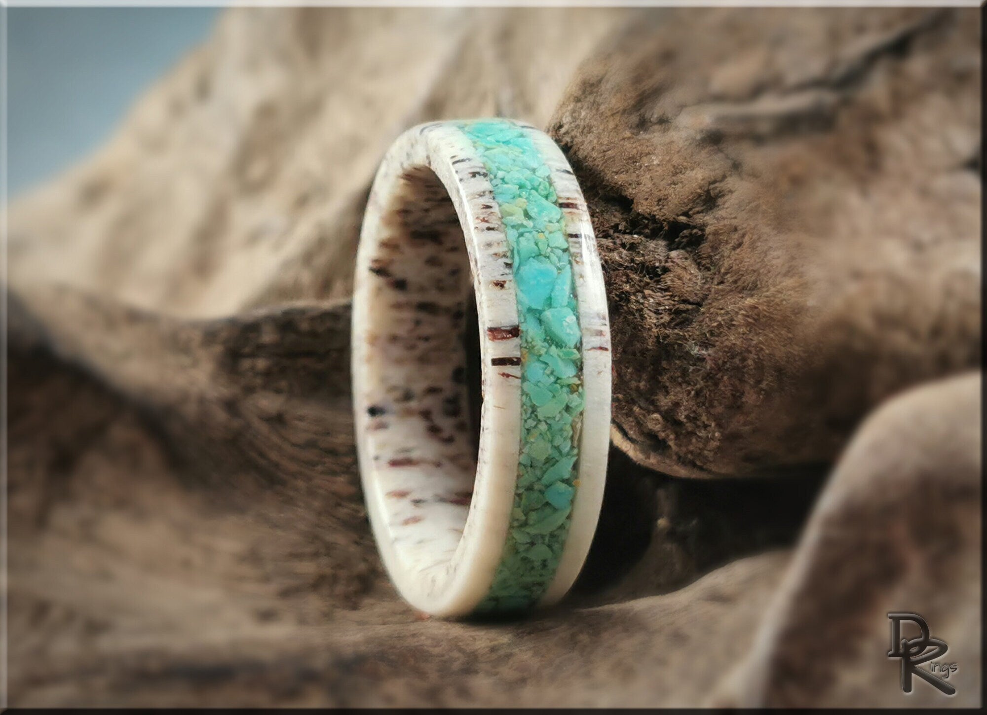 DR Rings antler ring with turquoise inlay featuring natural textures and vibrant blue stones