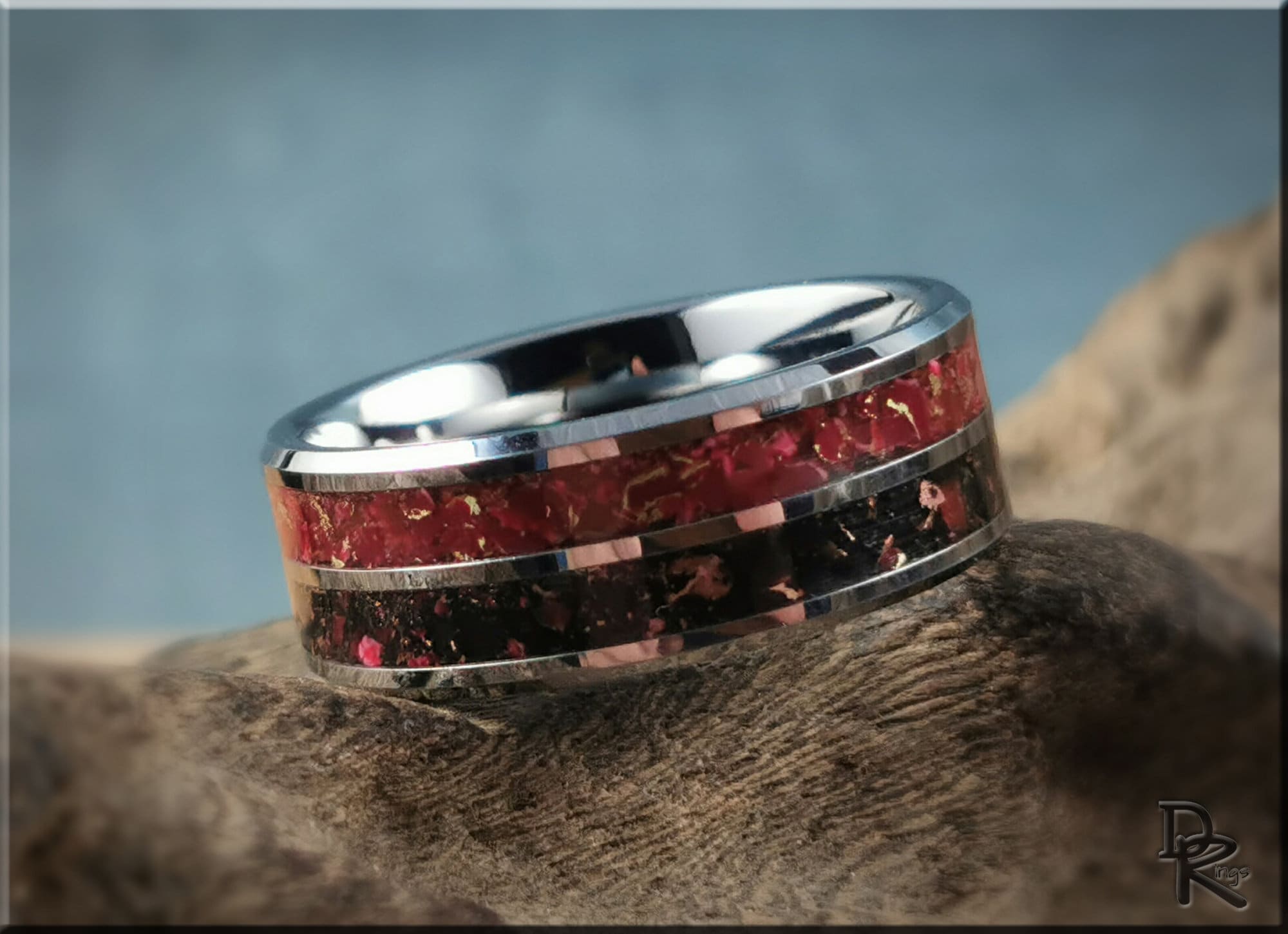 Tungsten carbide ring with inlay featuring red and black stone design by DR Rings