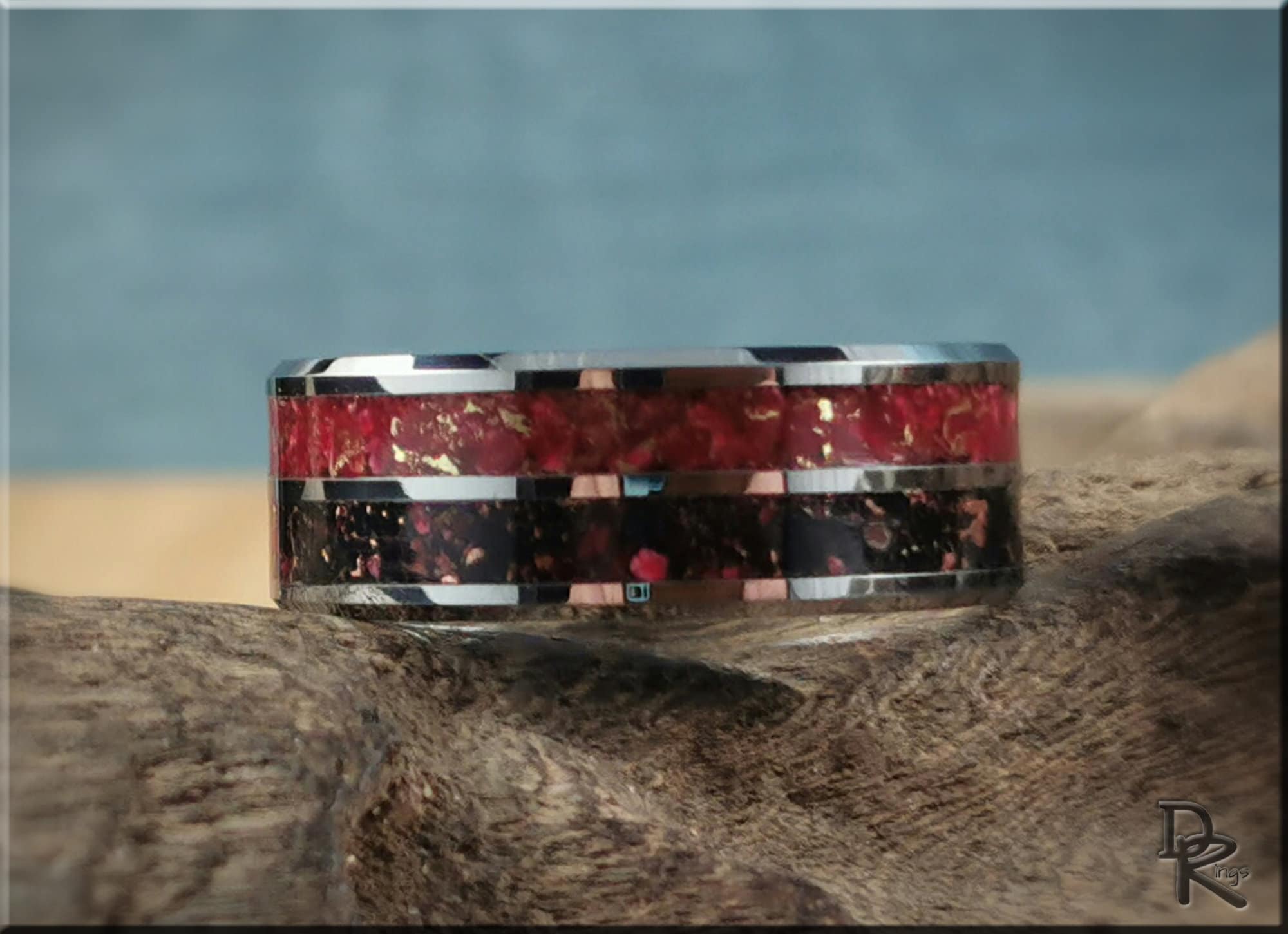 Tungsten carbide ring with inlay featuring red and black design accents by DR Rings