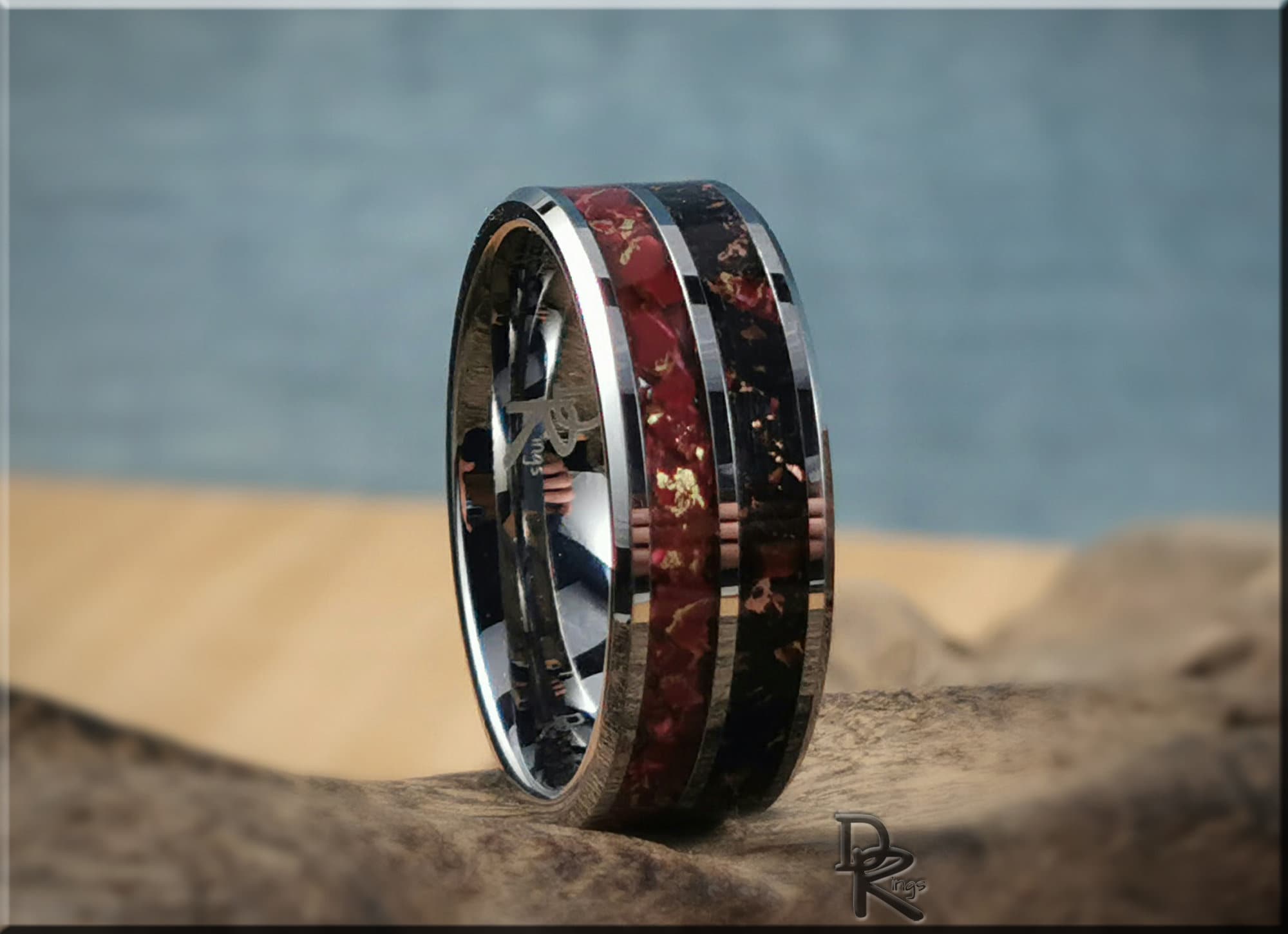 Tungsten carbide ring with inlay featuring red and black decorative accents by DR Rings