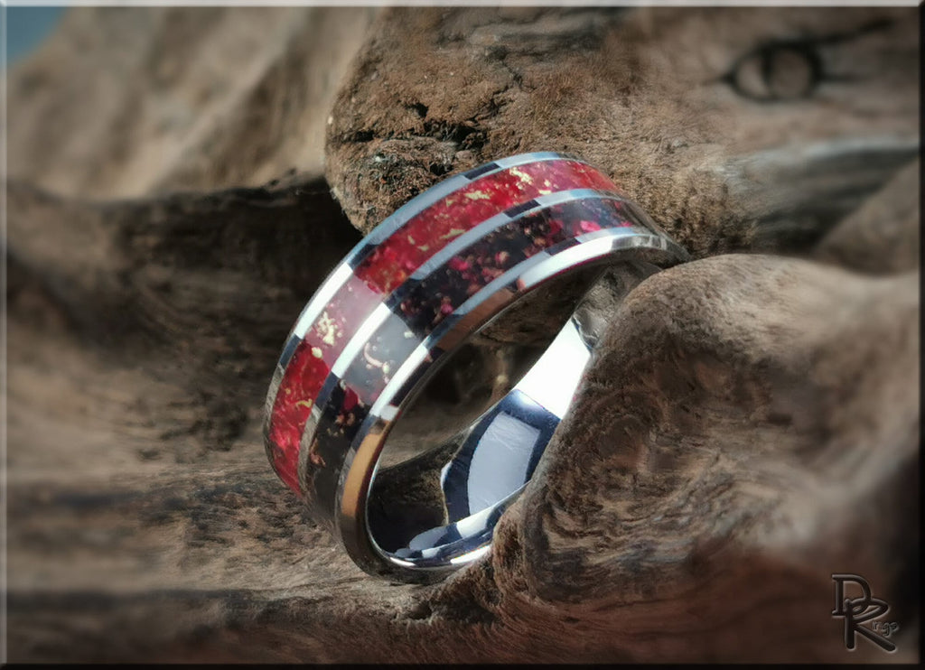Tungsten carbide ring with inlay featuring red and black design with gold flakes by DR Rings