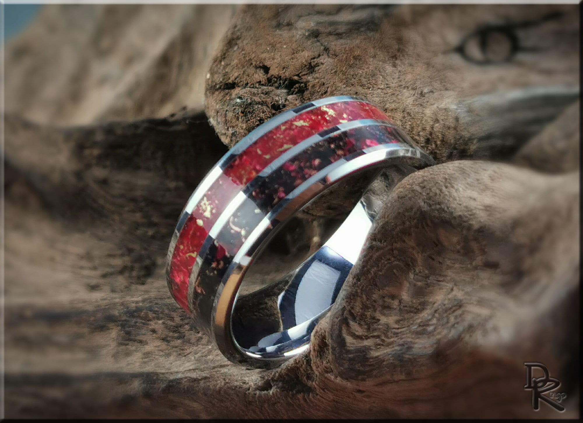Tungsten carbide ring with inlay featuring red and black design with gold flakes by DR Rings