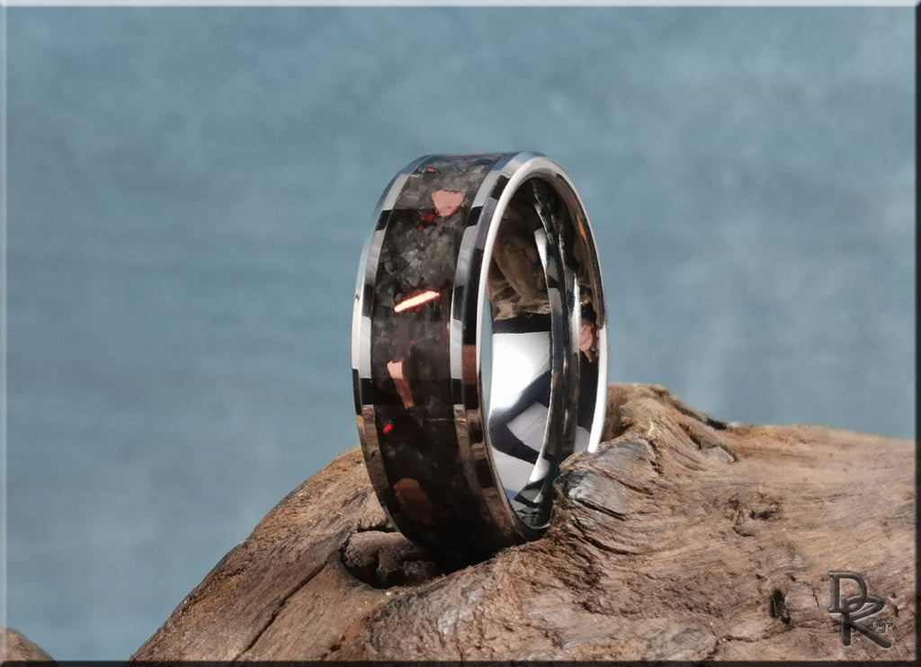 DR Rings tungsten ring carbide with yooperlite featuring black carbon fiber and copper stone inlay