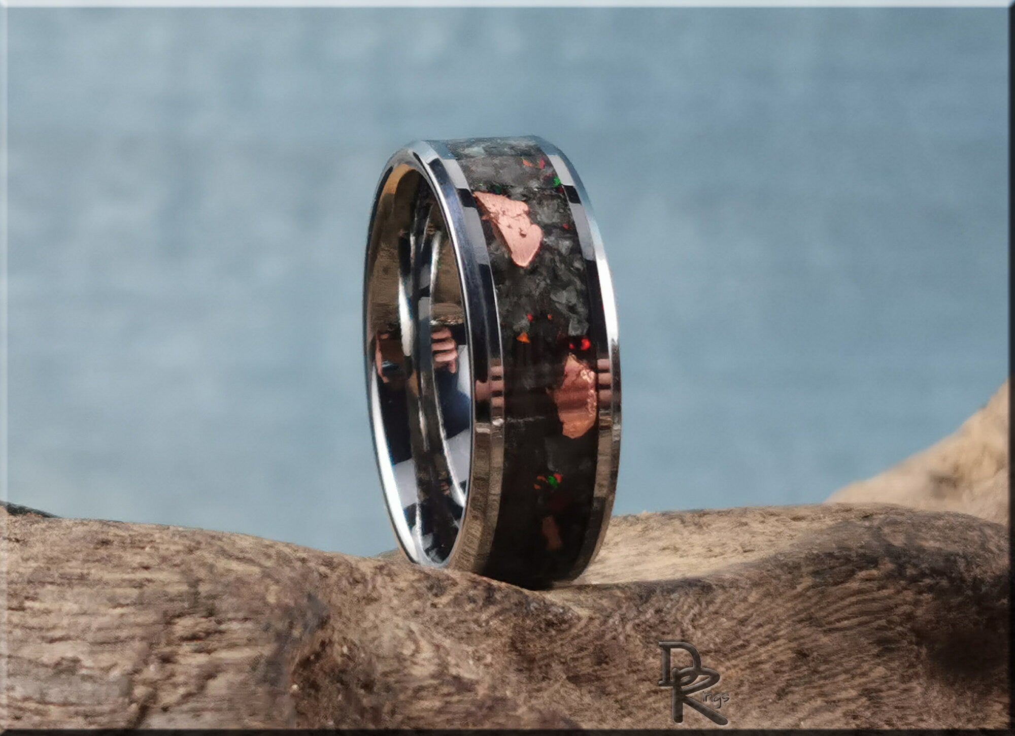 Tungsten ring carbide with yooperlite featuring black carbon inlay and copper accents by DR Rings