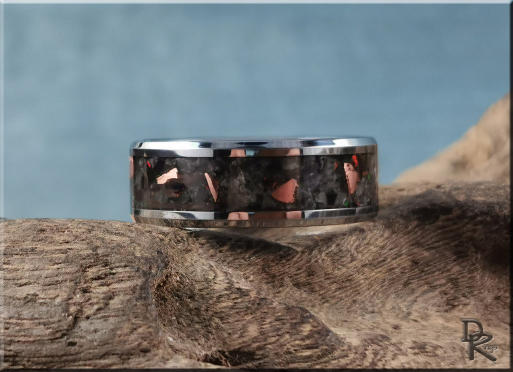 DR Rings tungsten ring carbide with yooperlite featuring a polished silver edge and black stone inlay
