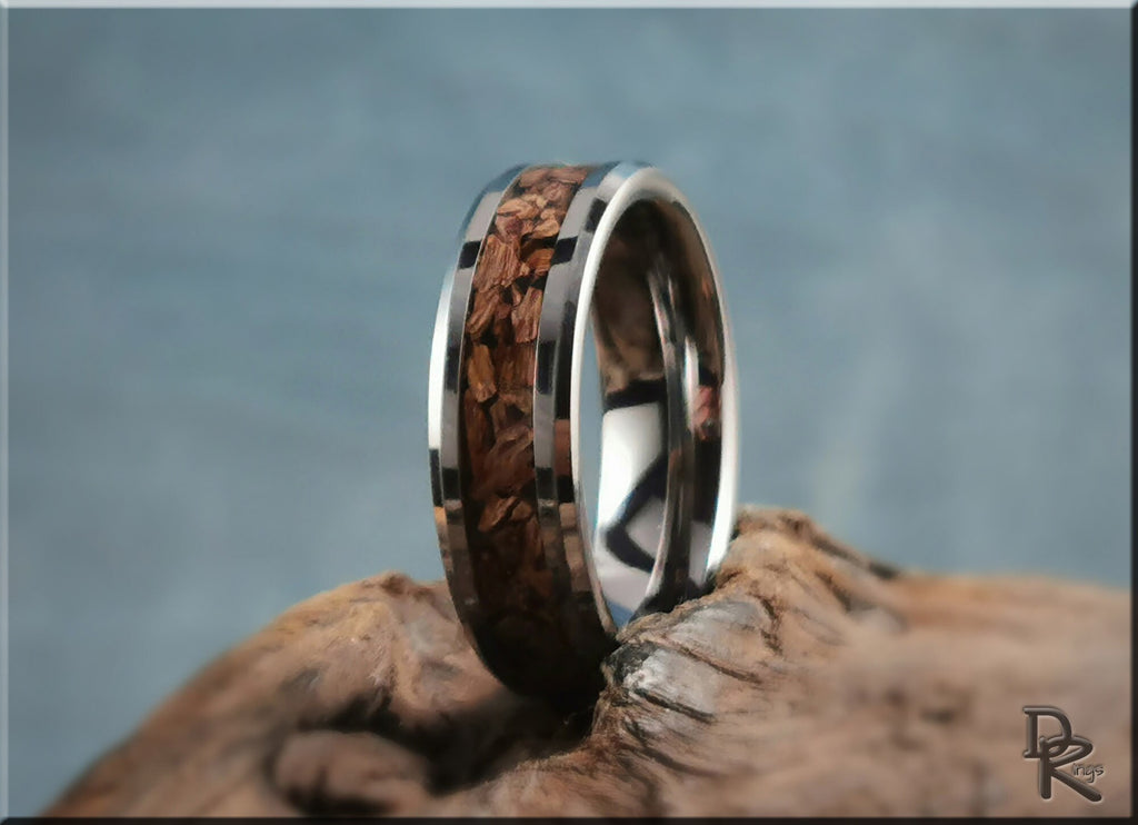 DR Rings tungsten ring with dinosaur bone inlay featuring a polished metal band and unique brown inlay design