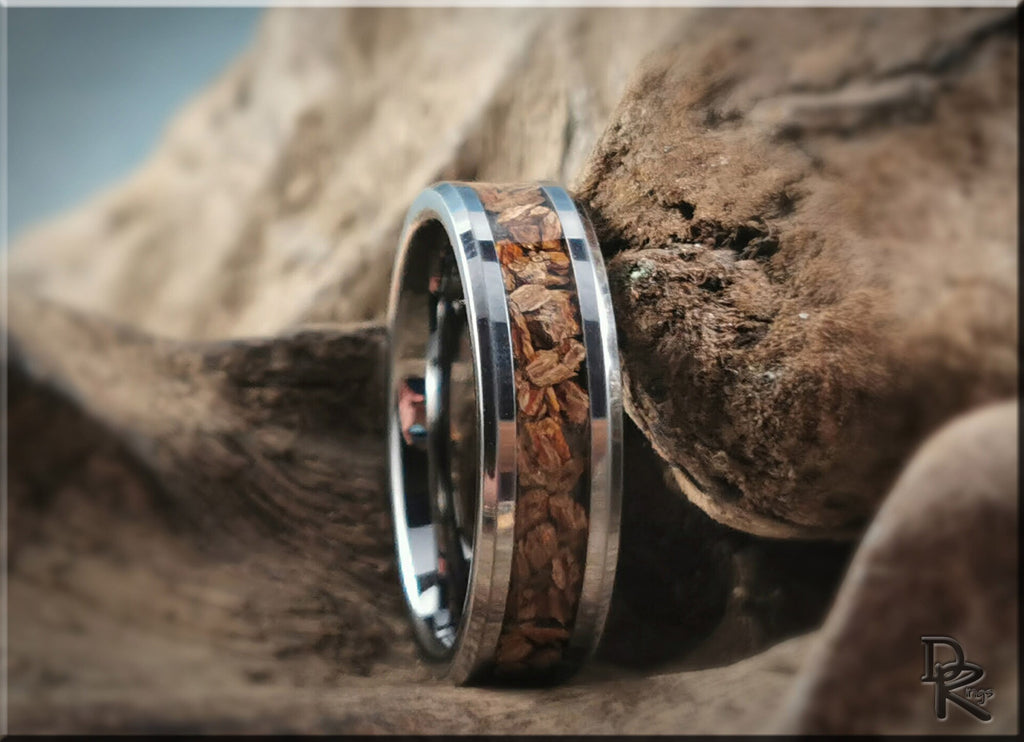 Tungsten ring with dinosaur bone inlay featuring a silver band and natural wood texture