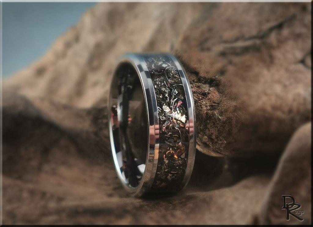 DR Rings tungsten ring with meteorite inlay showcasing a polished silver band and detailed meteorite center