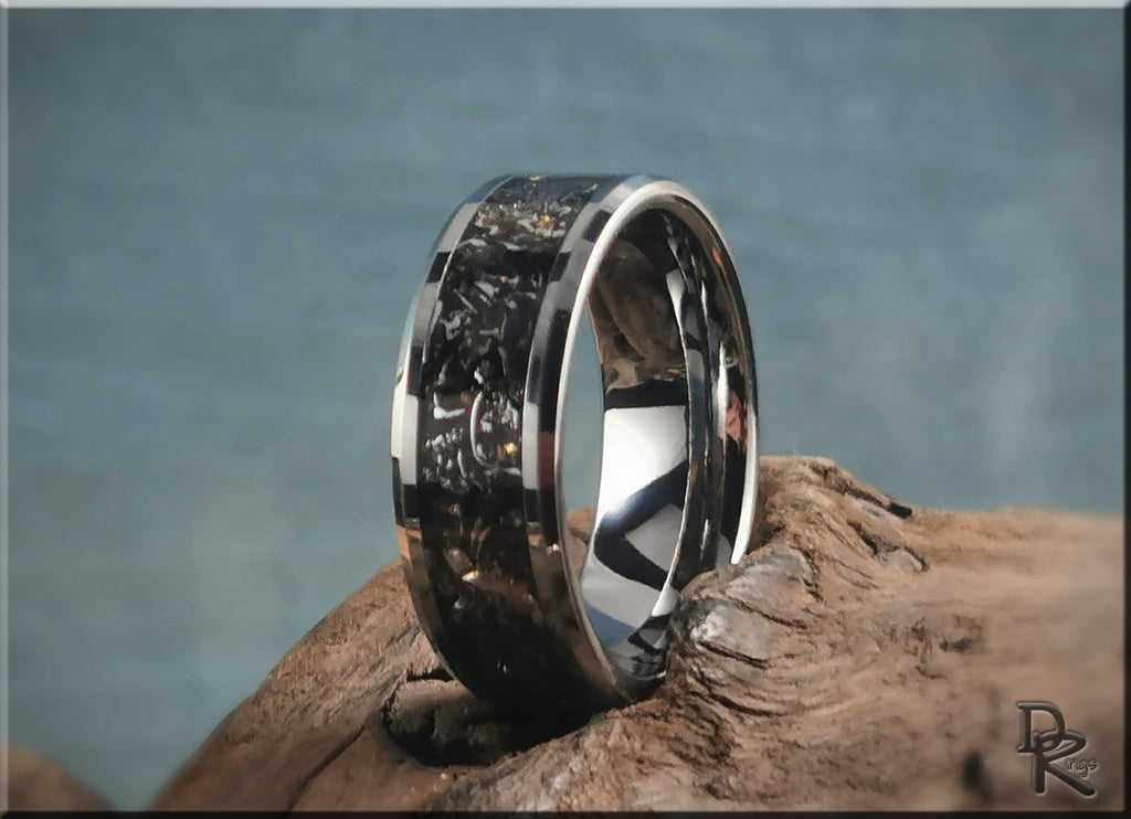 DR Rings tungsten ring with meteorite inlay featuring polished edges and unique textured center